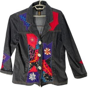 Alex Kim Art to Wear Jacket Size M Floral Cotton Linen Patchwork Embroidered